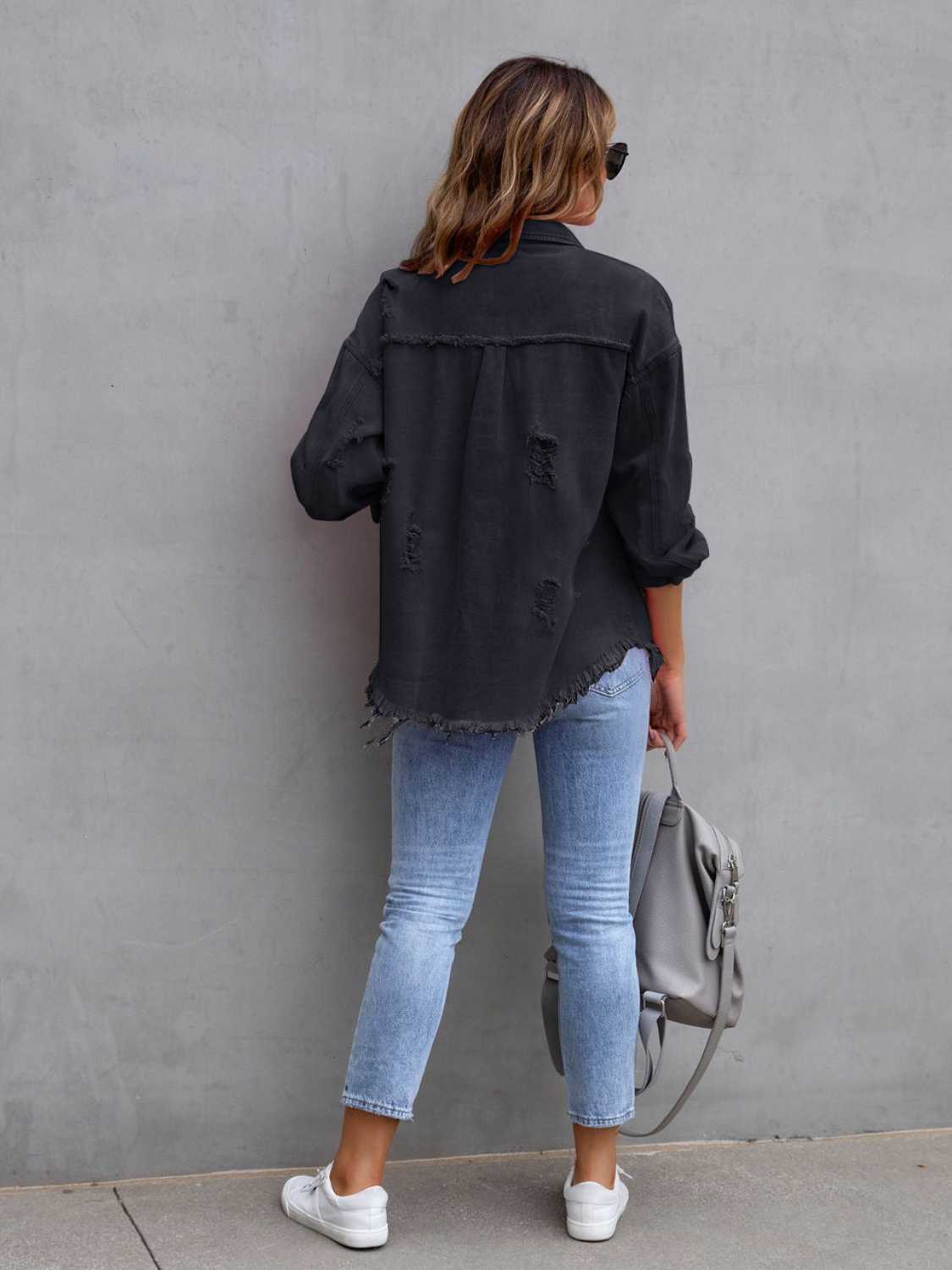 Distressed Drop Shoulder Denim Jacket - Kalizeh