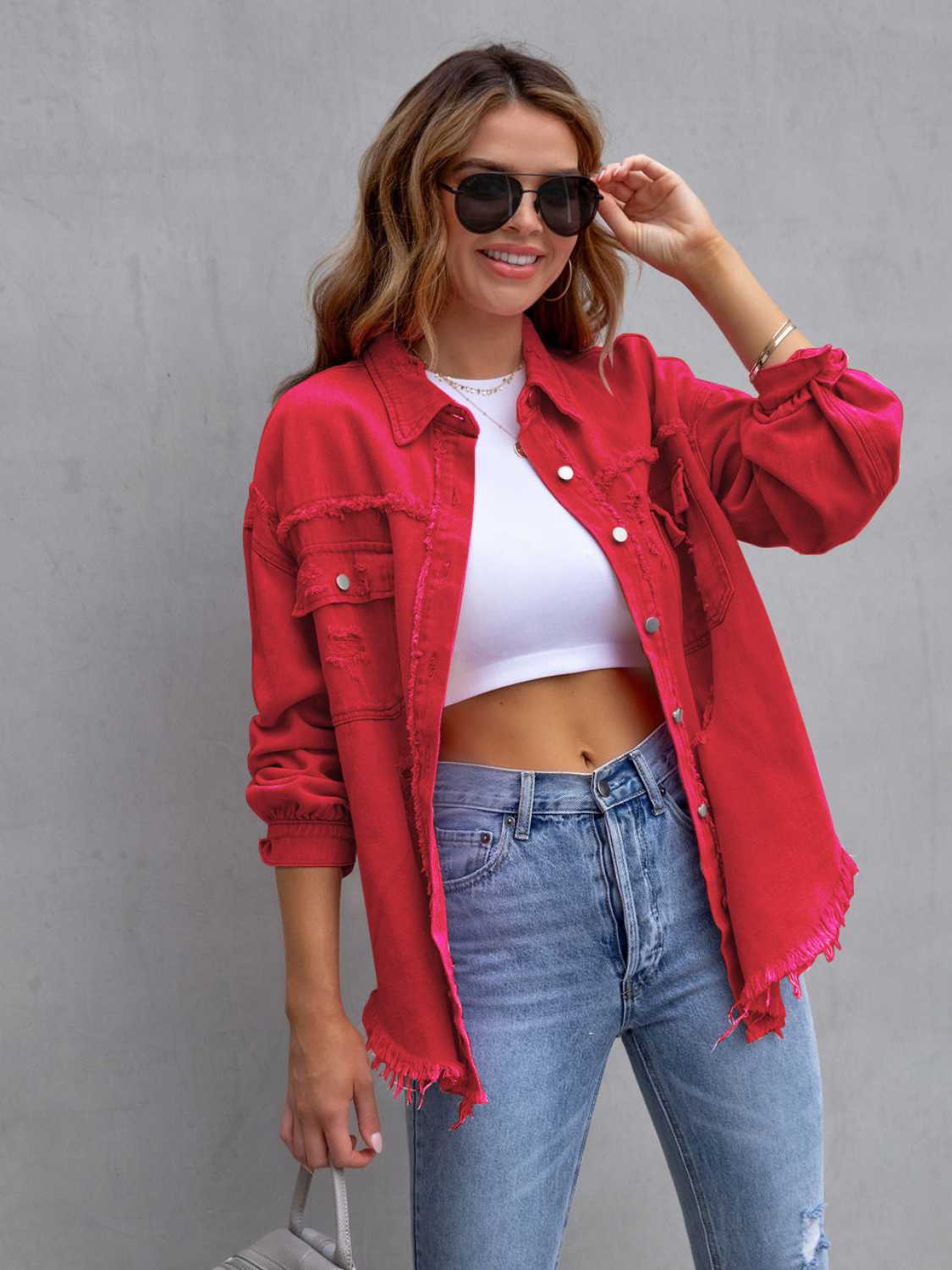 Distressed Drop Shoulder Denim Jacket - Kalizeh