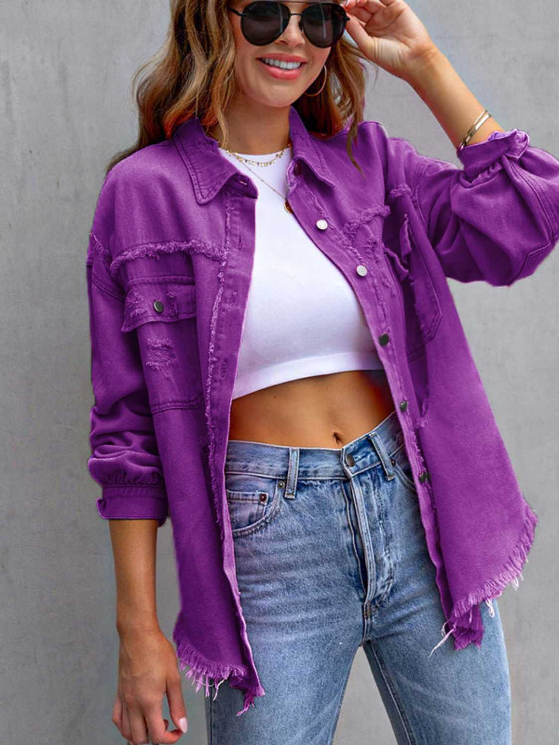 Distressed Drop Shoulder Denim Jacket - Kalizeh