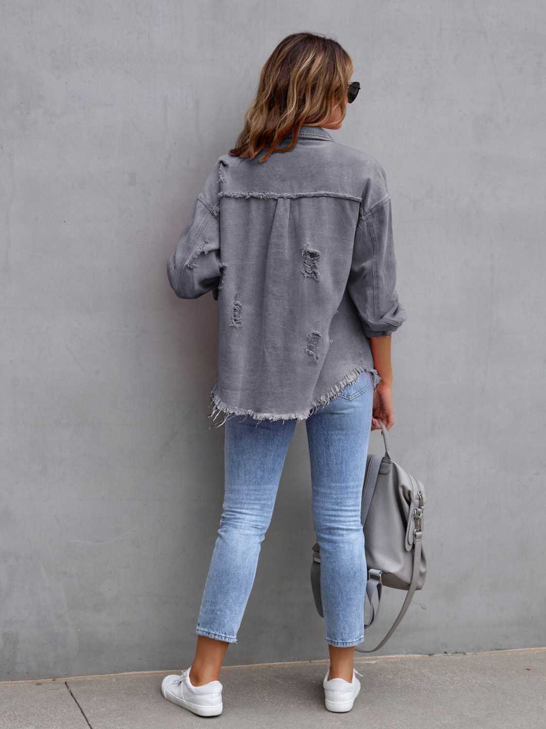 Distressed Drop Shoulder Denim Jacket - Kalizeh