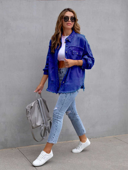 Distressed Drop Shoulder Denim Jacket - Kalizeh