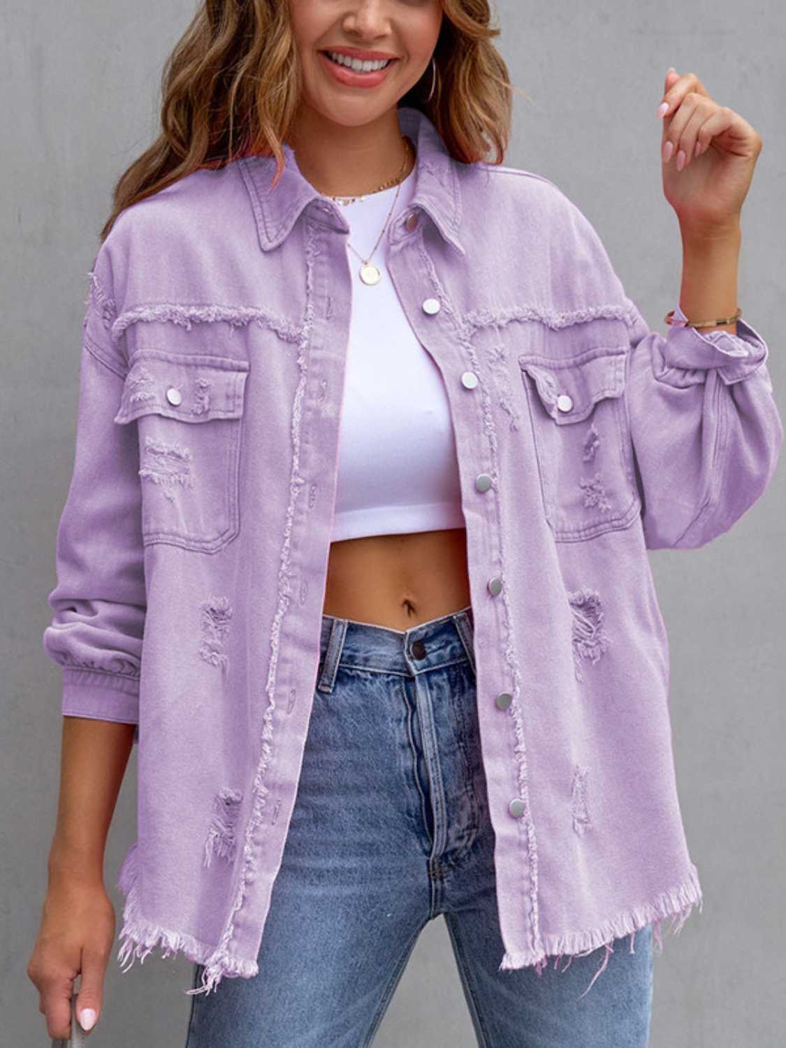 Distressed Drop Shoulder Denim Jacket - Kalizeh