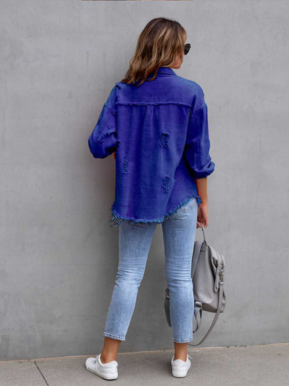 Distressed Drop Shoulder Denim Jacket - Kalizeh