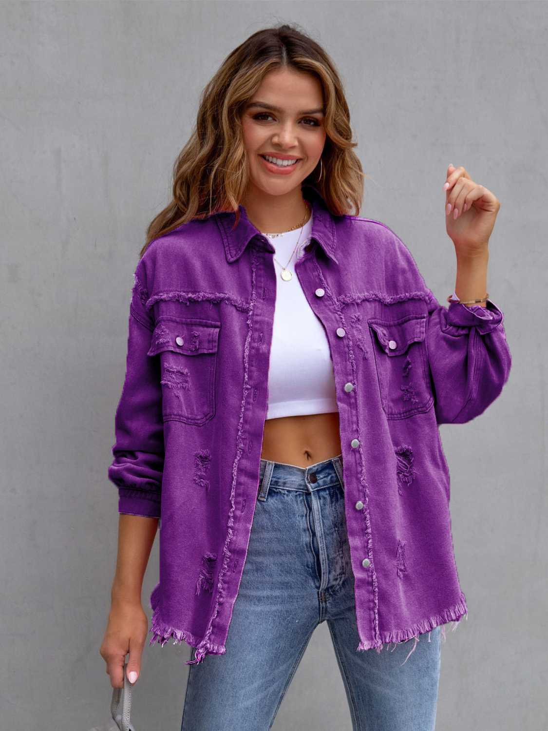 Distressed Drop Shoulder Denim Jacket - Kalizeh