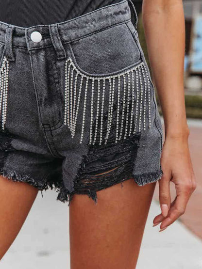 Distressed Fringe Denim Shorts - Kalizeh