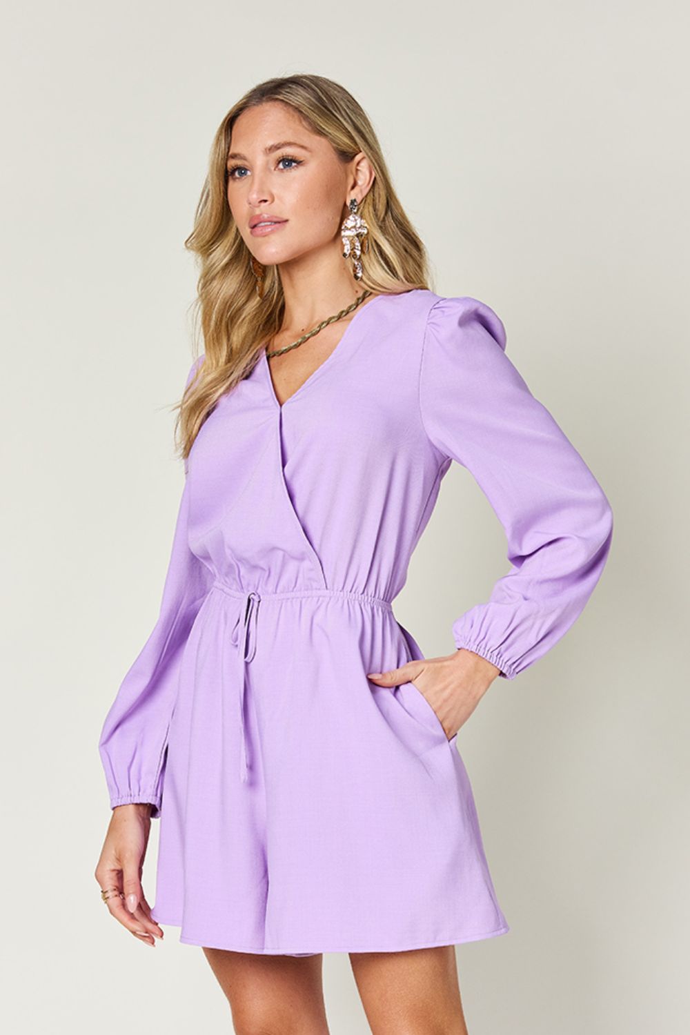 Double Take Full Size Drawstring Long Sleeve Romper - Kalizeh