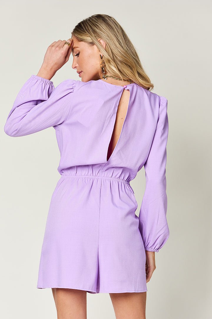 Double Take Full Size Drawstring Long Sleeve Romper - Kalizeh