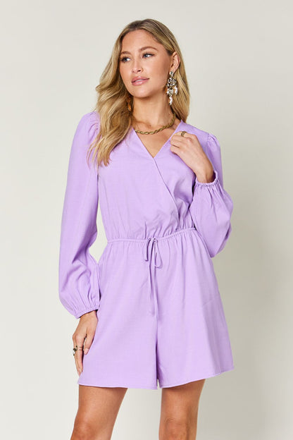 Double Take Full Size Drawstring Long Sleeve Romper - Kalizeh