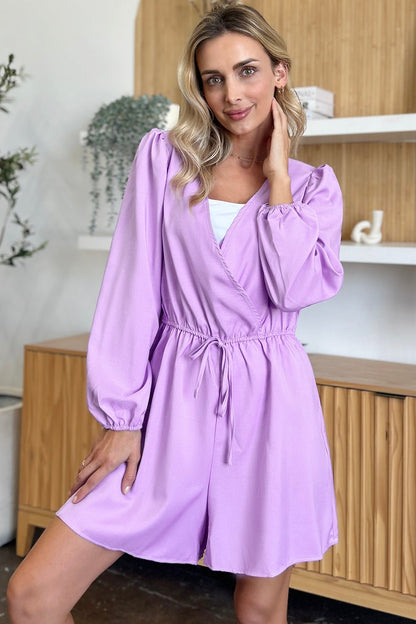 Double Take Full Size Drawstring Long Sleeve Romper - Kalizeh