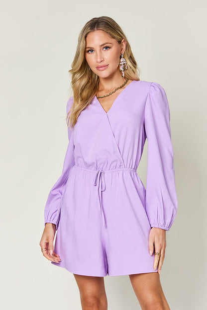 Double Take Full Size Drawstring Long Sleeve Romper - Kalizeh