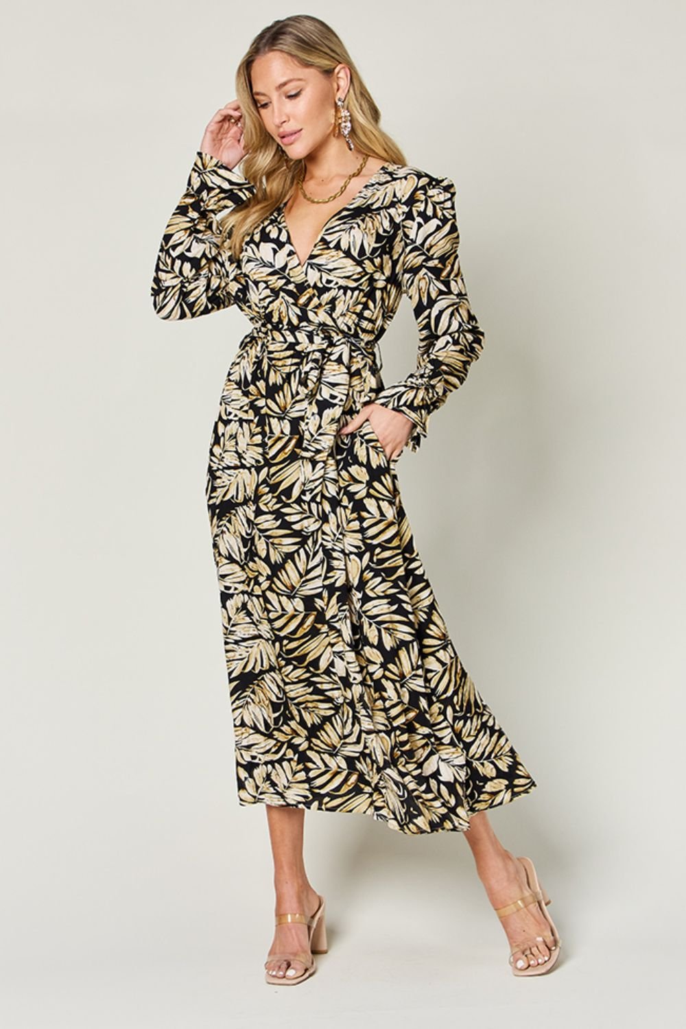 Double Take Full Size Tie Back Flounce Sleeve Dress - Kalizeh