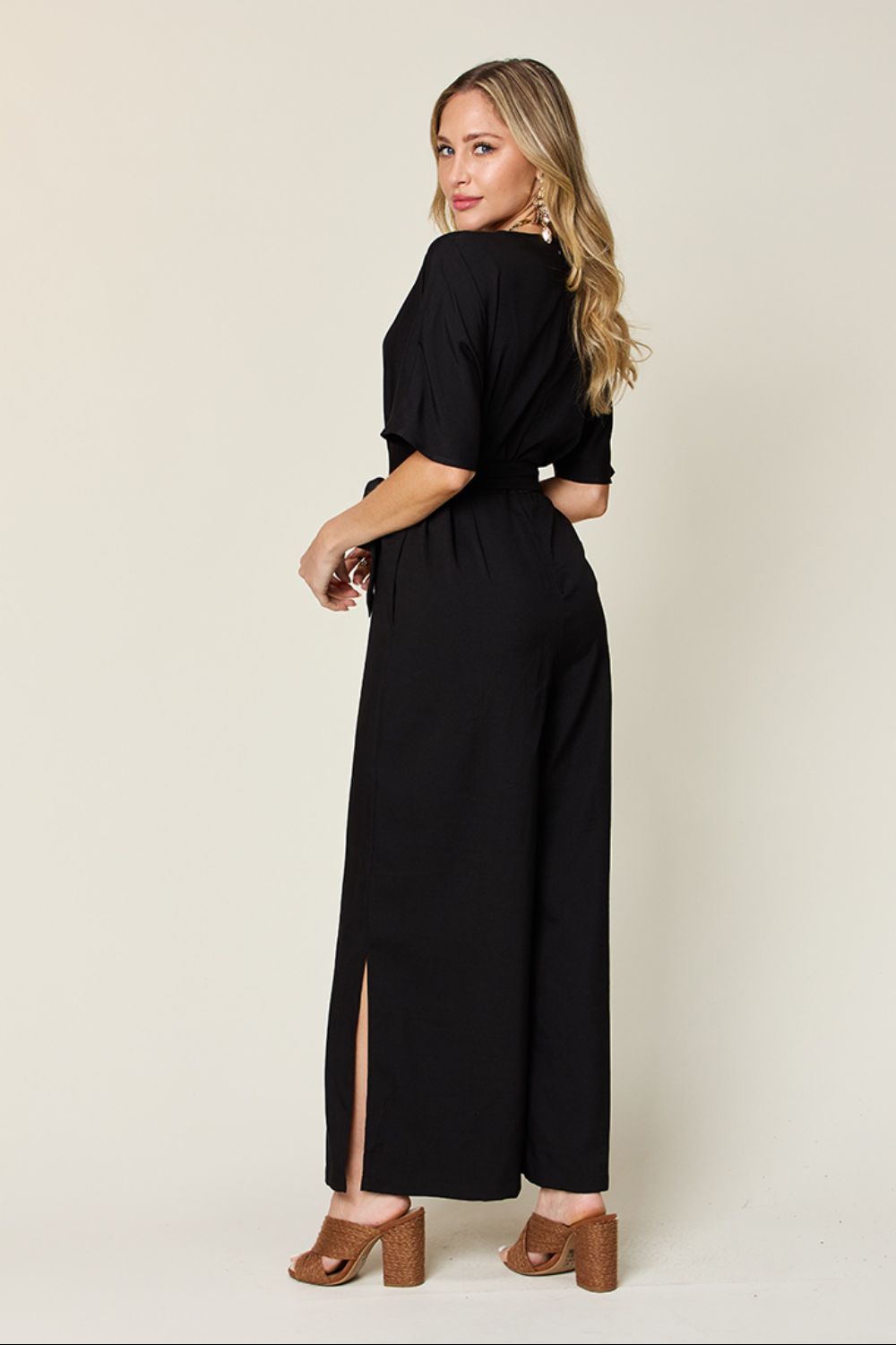 Double Take Full Size V - Neck Tied Side Slit Jumpsuit - Kalizeh