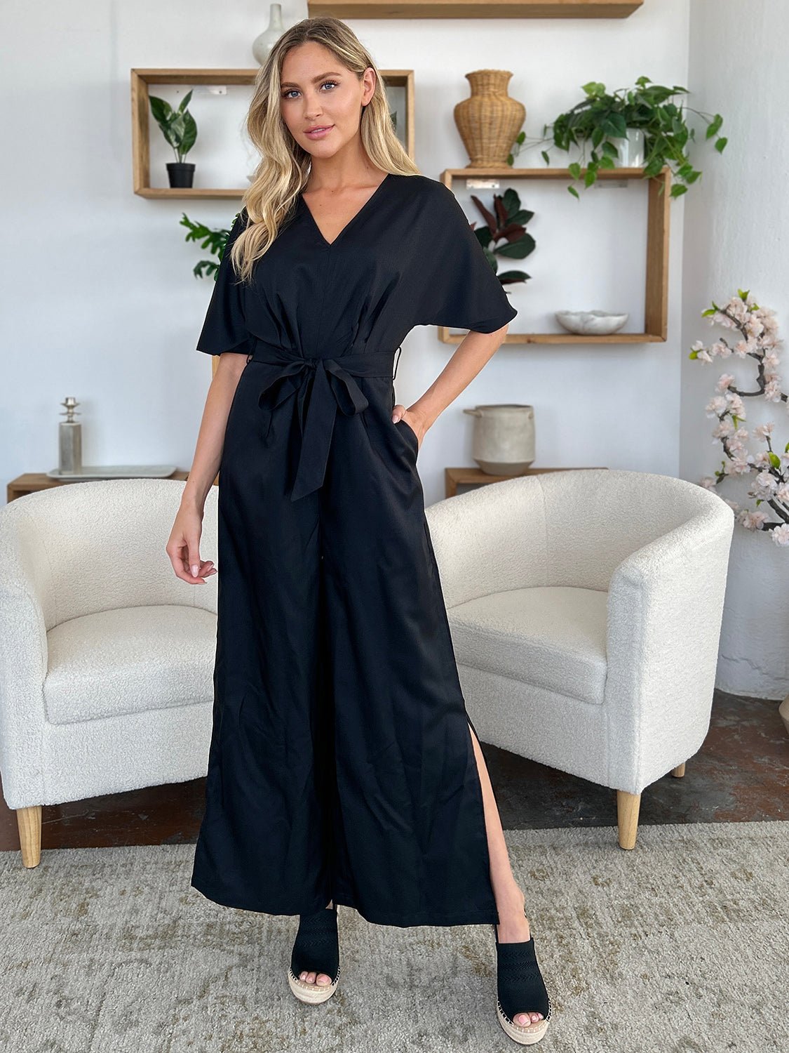 Double Take Full Size V - Neck Tied Side Slit Jumpsuit - Kalizeh