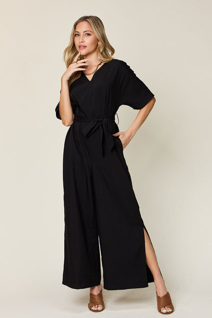 Double Take Full Size V - Neck Tied Side Slit Jumpsuit - Kalizeh