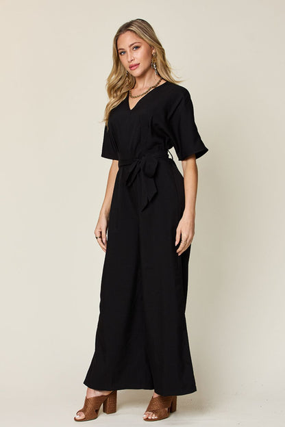 Double Take Full Size V - Neck Tied Side Slit Jumpsuit - Kalizeh