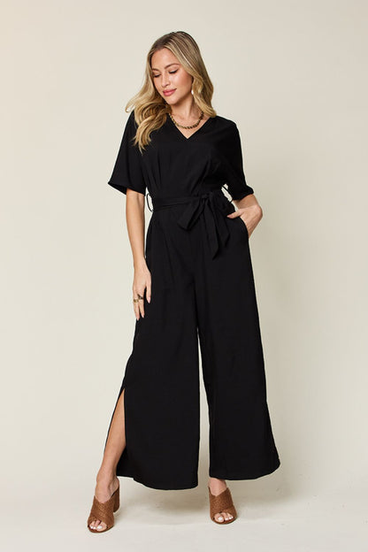 Double Take Full Size V - Neck Tied Side Slit Jumpsuit - Kalizeh