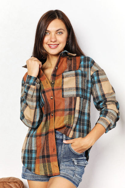 Double Take Plaid Curved Hem Shirt Jacket with Breast Pockets - Kalizeh