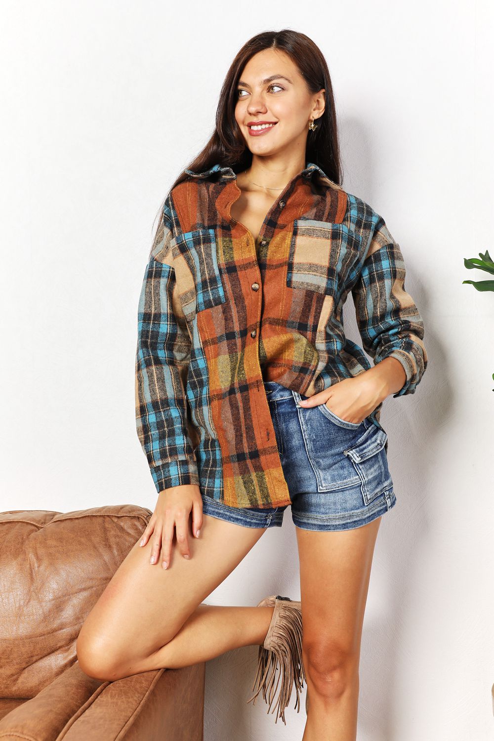 Double Take Plaid Curved Hem Shirt Jacket with Breast Pockets - Kalizeh