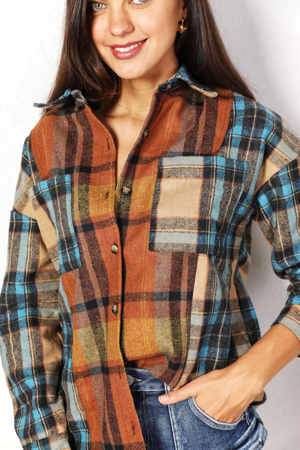 Double Take Plaid Curved Hem Shirt Jacket with Breast Pockets - Kalizeh