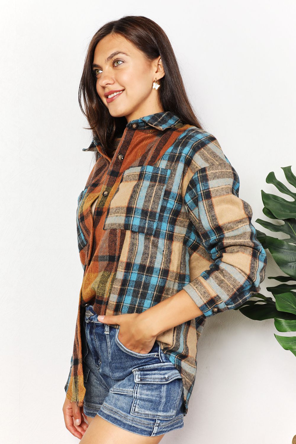 Double Take Plaid Curved Hem Shirt Jacket with Breast Pockets - Kalizeh