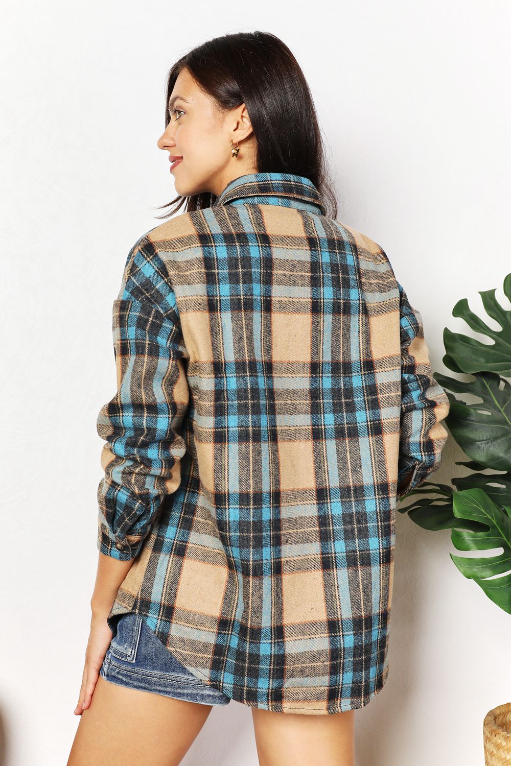 Double Take Plaid Curved Hem Shirt Jacket with Breast Pockets - Kalizeh