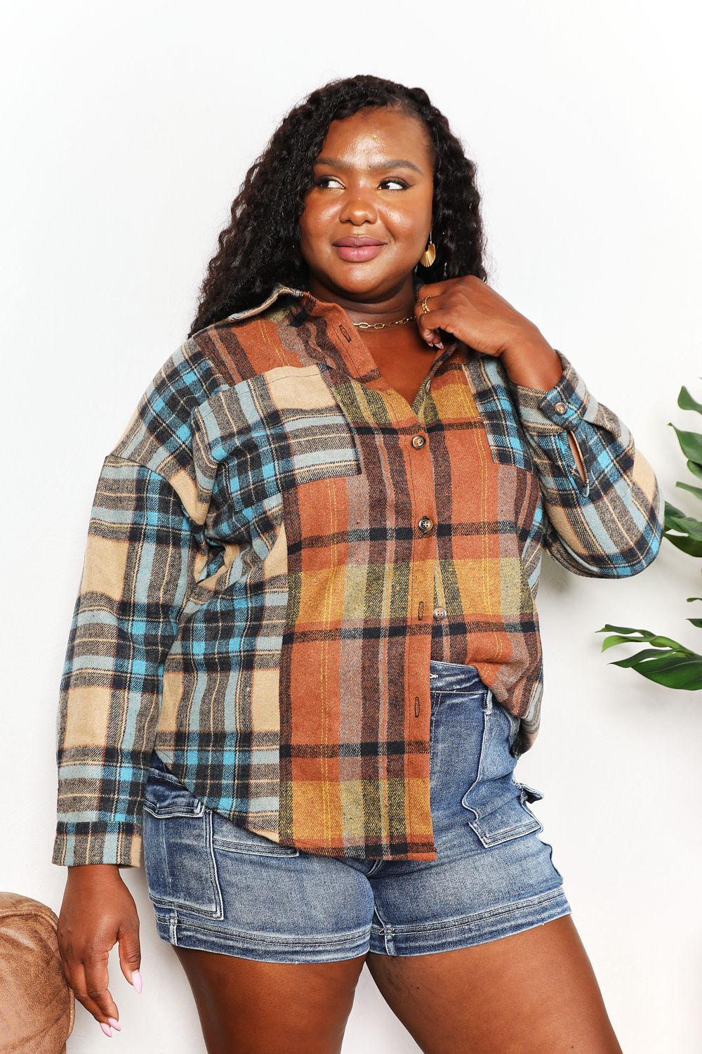 Double Take Plaid Curved Hem Shirt Jacket with Breast Pockets - Kalizeh