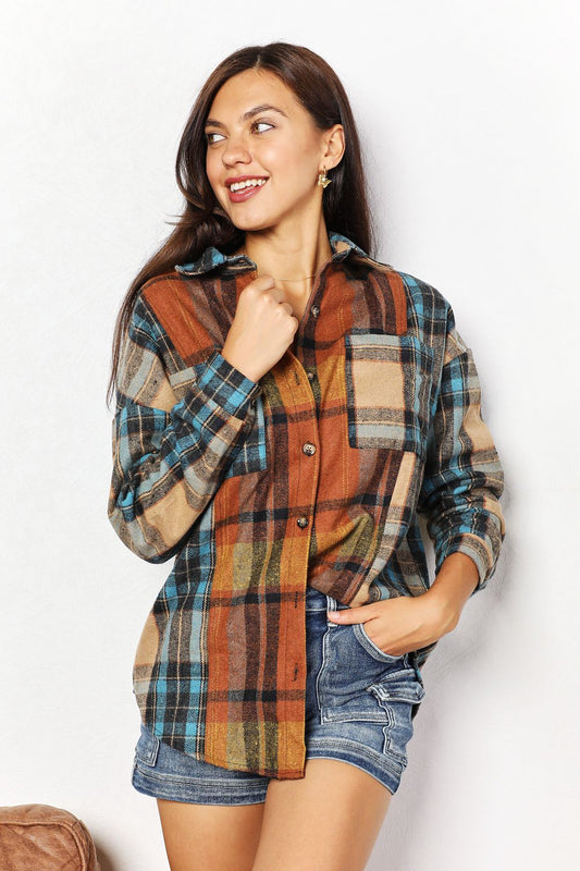 Double Take Plaid Curved Hem Shirt Jacket with Breast Pockets - Kalizeh