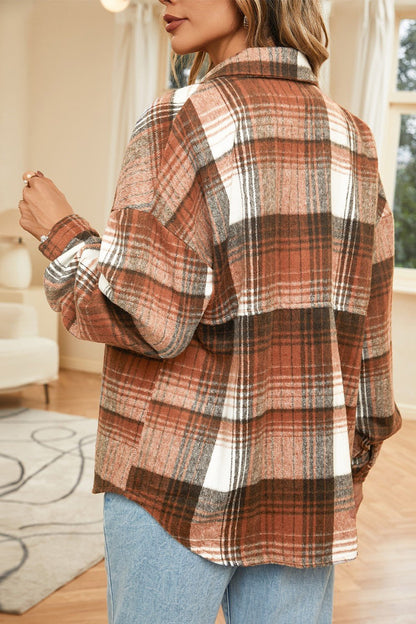 Double Take Plaid Dropped Shoulder Shacket - Kalizeh