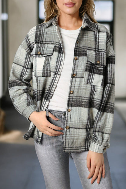 Double Take Plaid Dropped Shoulder Shacket - Kalizeh