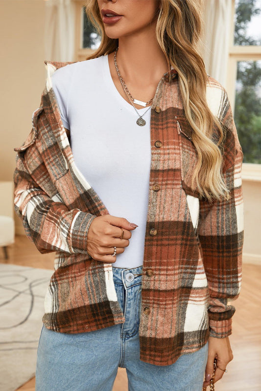 Double Take Plaid Dropped Shoulder Shacket - Kalizeh