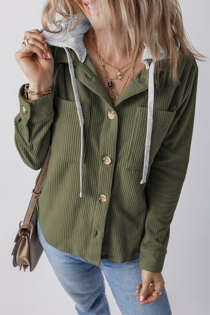 Drawstring Button Up Long Sleeve Hooded Jacket - Kalizeh