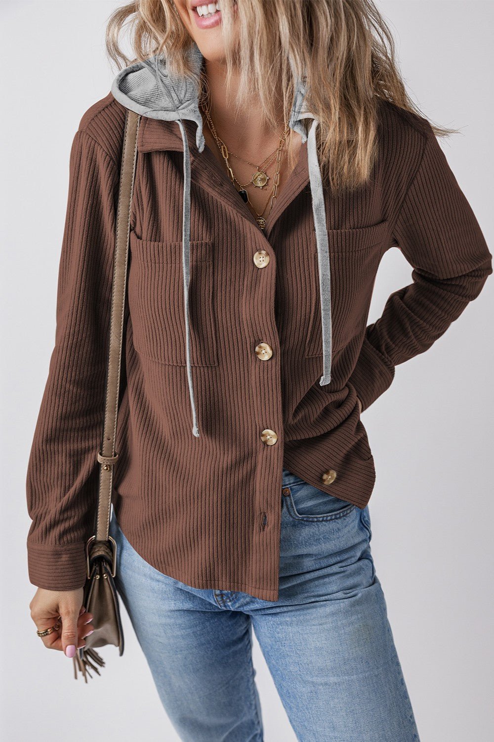 Drawstring Button Up Long Sleeve Hooded Jacket - Kalizeh