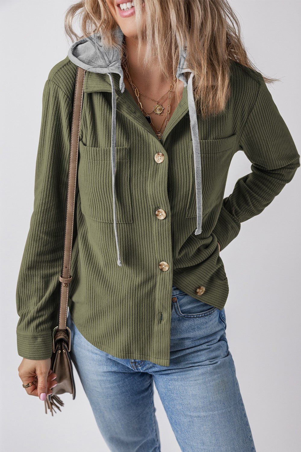 Drawstring Button Up Long Sleeve Hooded Jacket - Kalizeh