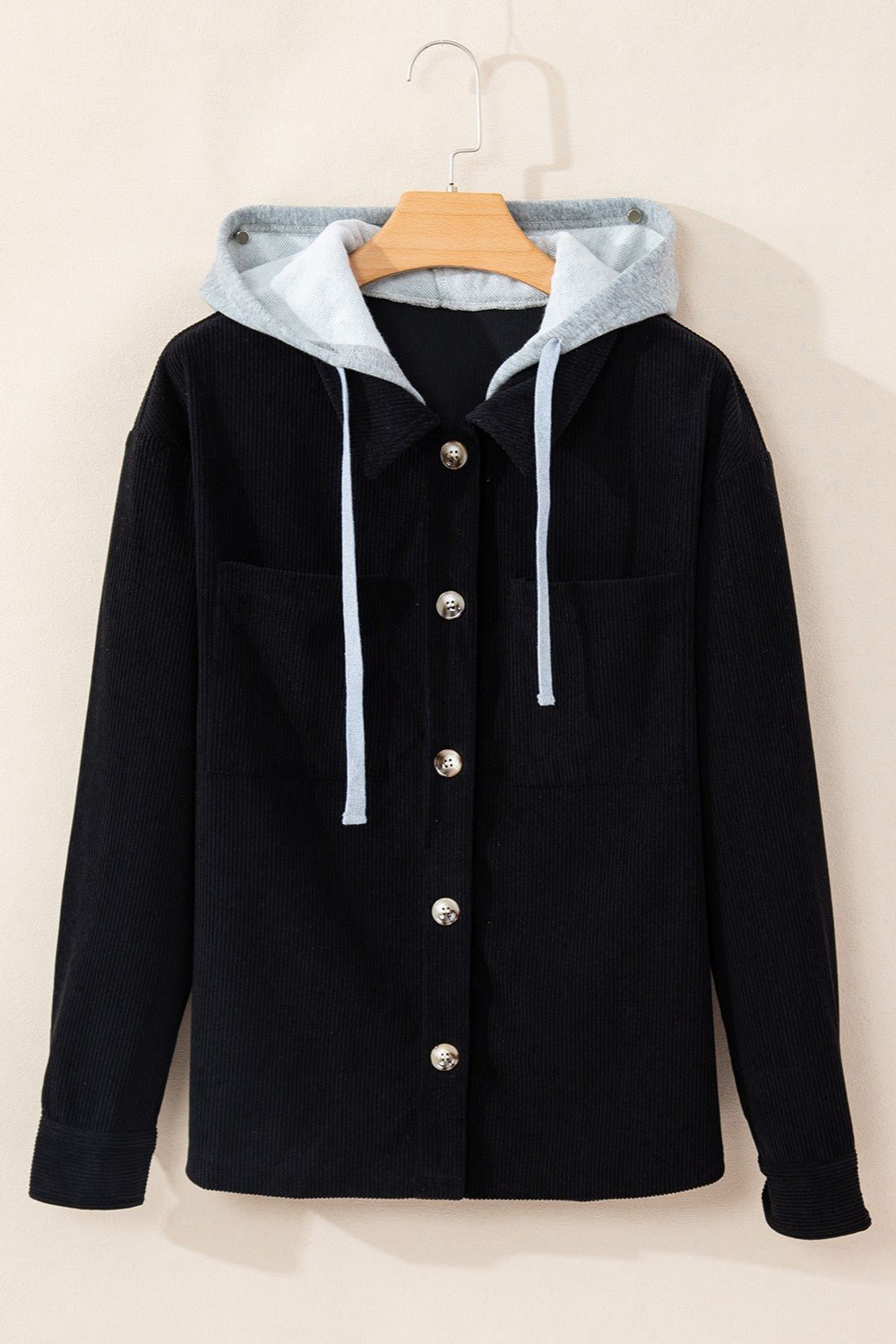 Drawstring Button Up Long Sleeve Hooded Jacket - Kalizeh