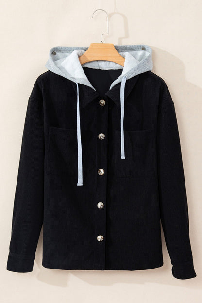 Drawstring Button Up Long Sleeve Hooded Jacket - Kalizeh