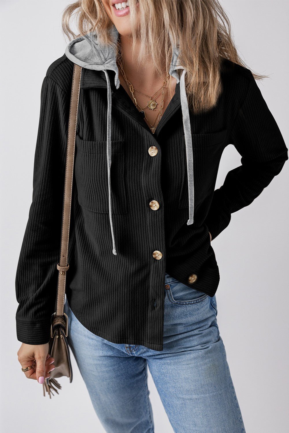 Drawstring Button Up Long Sleeve Hooded Jacket - Kalizeh