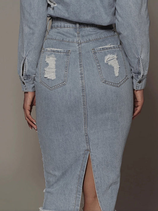 Edgy Chic Distressed Slit Denim Skirt - Kalizeh