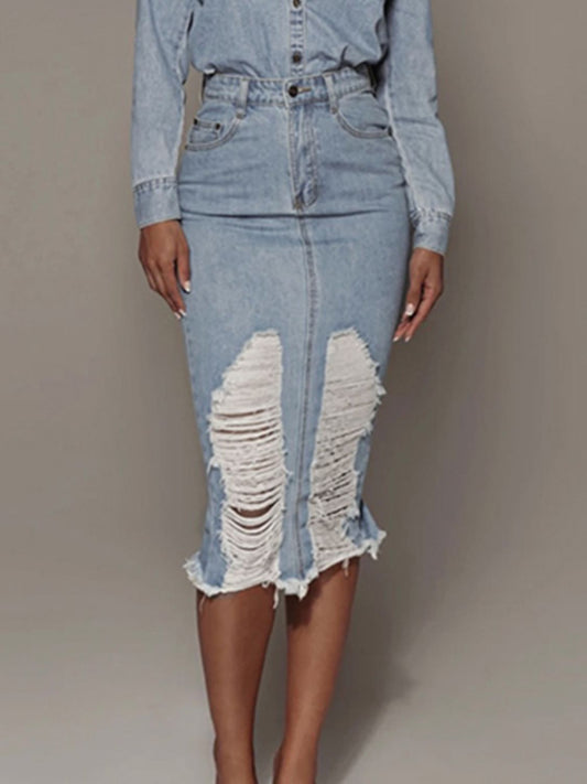 Edgy Chic Distressed Slit Denim Skirt - Kalizeh