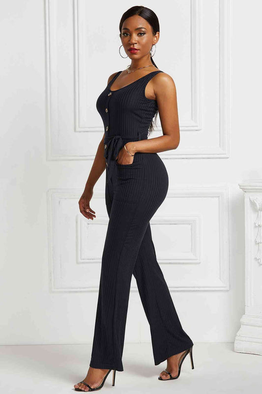 Effortless Chic Button Detail Tie Waist Sleeveless Jumpsuit - Kalizeh