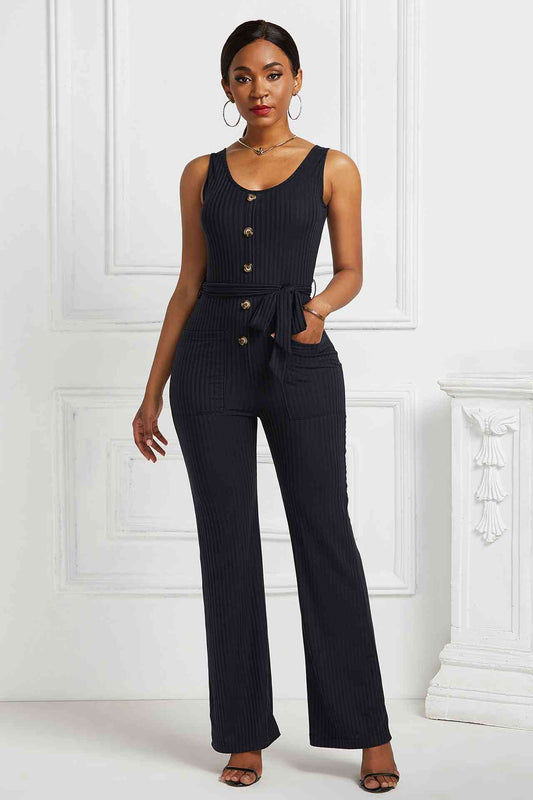 Effortless Chic Button Detail Tie Waist Sleeveless Jumpsuit - Kalizeh