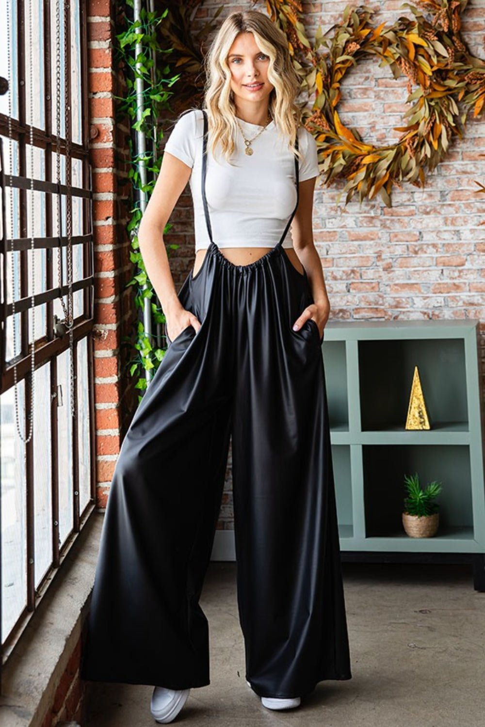 Effortless Chic Drawstring Back Spaghetti Strap Wide Leg Overall - Kalizeh