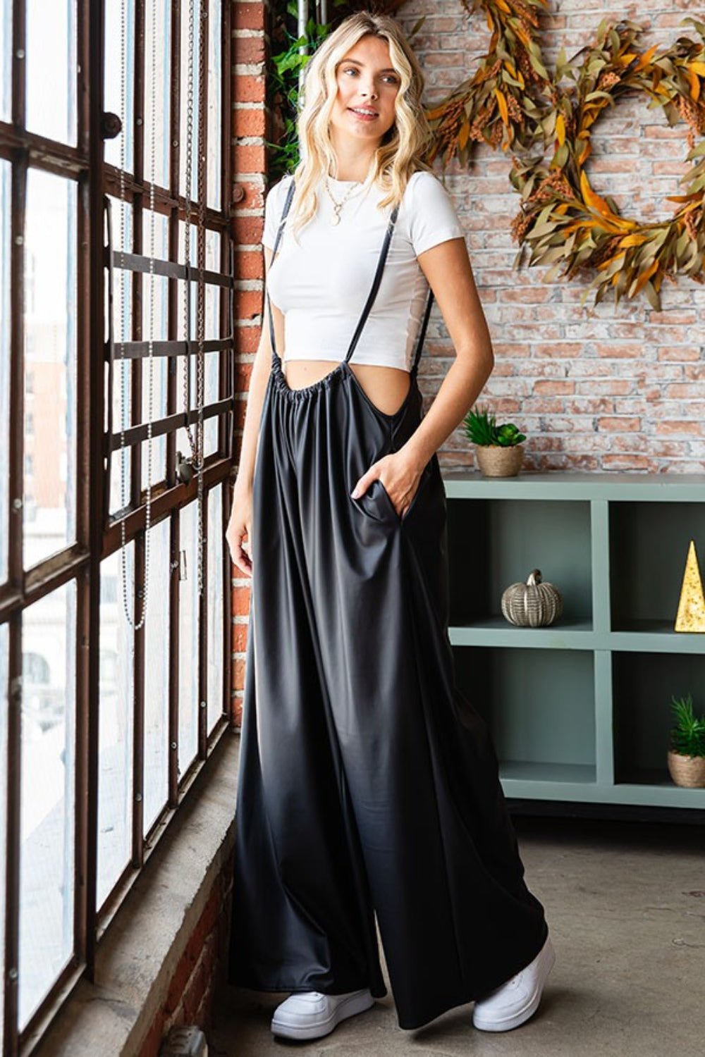 Effortless Chic Drawstring Back Spaghetti Strap Wide Leg Overall - Kalizeh