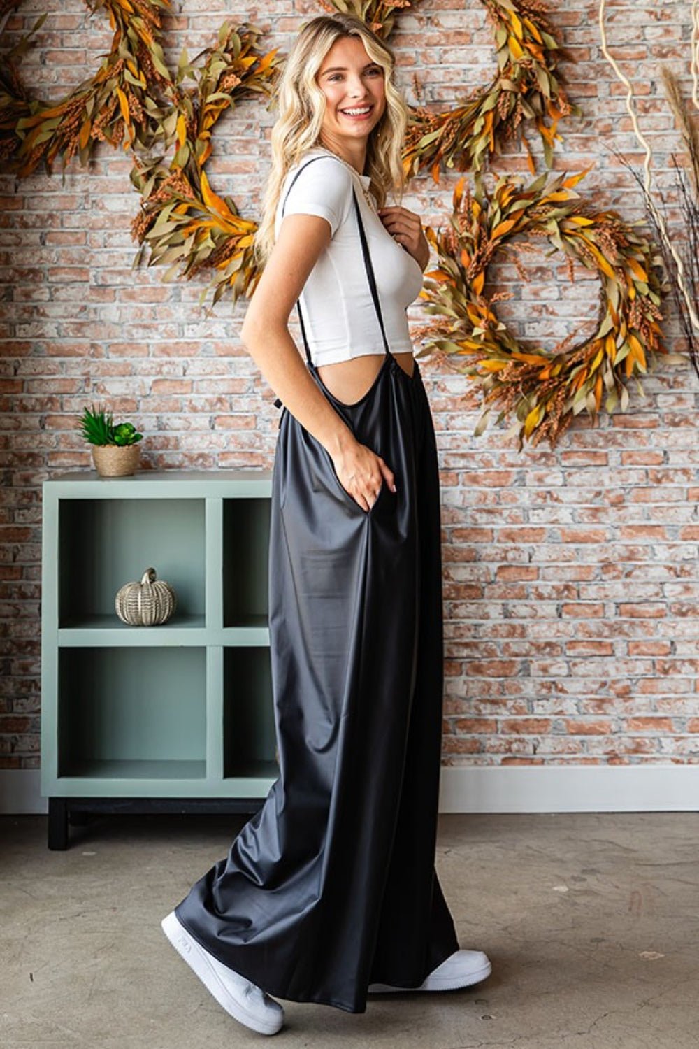 Effortless Chic Drawstring Back Spaghetti Strap Wide Leg Overall - Kalizeh