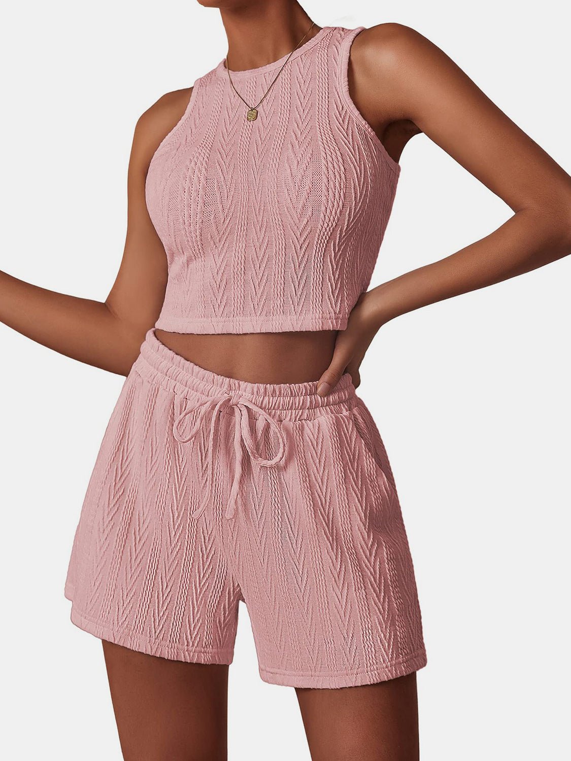 Effortless Elegant Textured Top and Shorts Set - Kalizeh