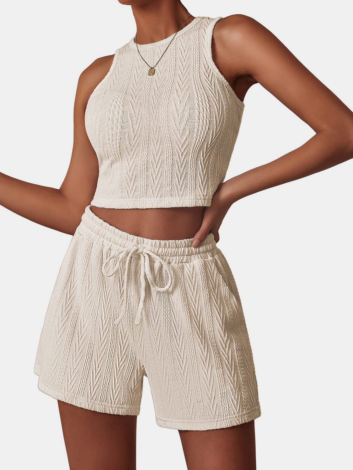 Effortless Elegant Textured Top and Shorts Set - Kalizeh