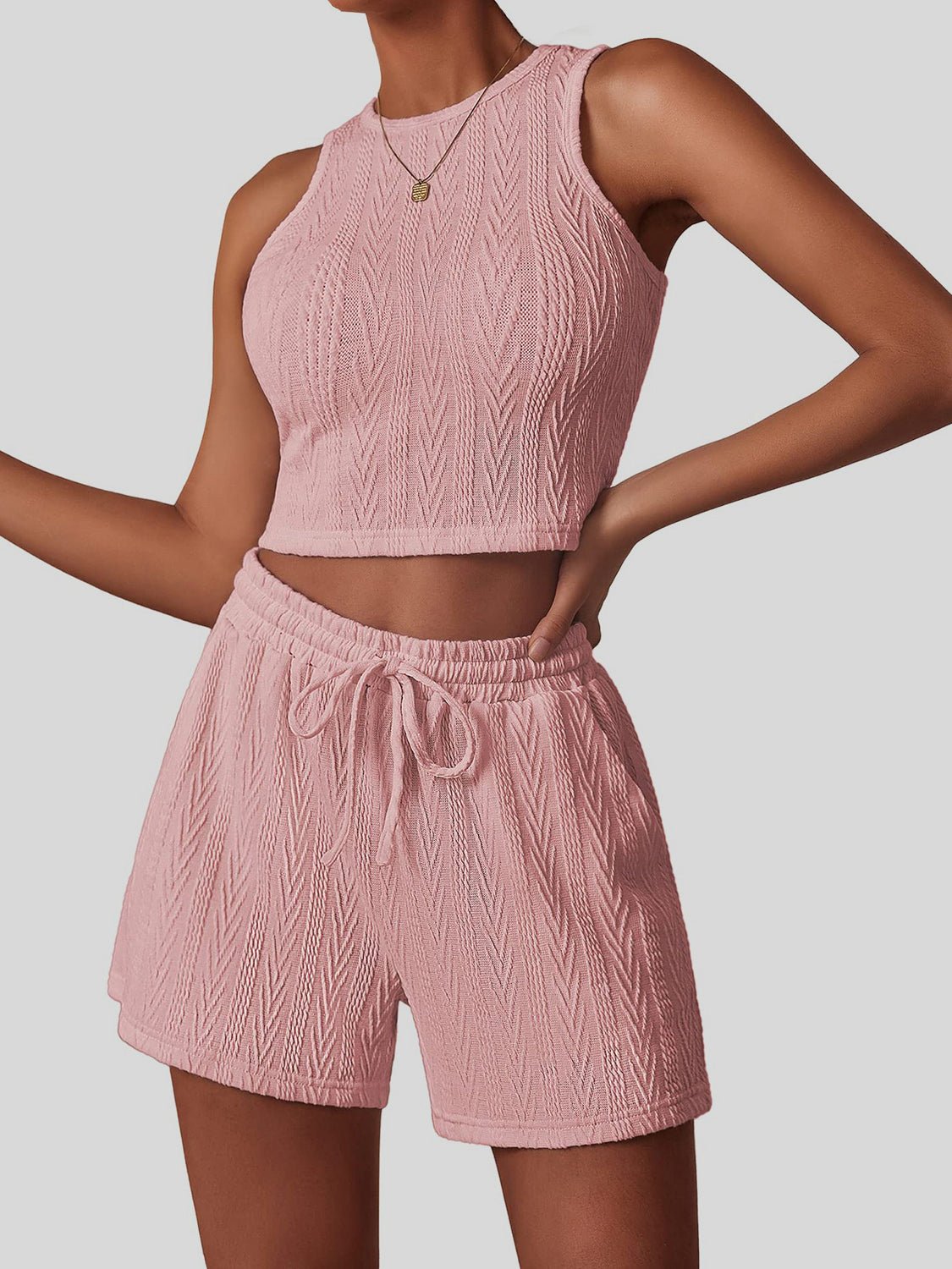 Effortless Elegant Textured Top and Shorts Set - Kalizeh