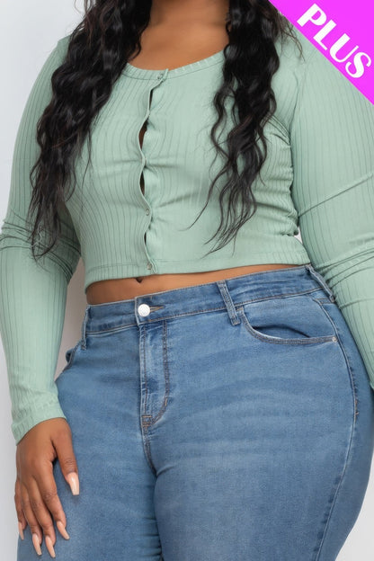 Elegant Green Bay Plus Size Ribbed Knit Button-Up Cropped Top - Kalizeh