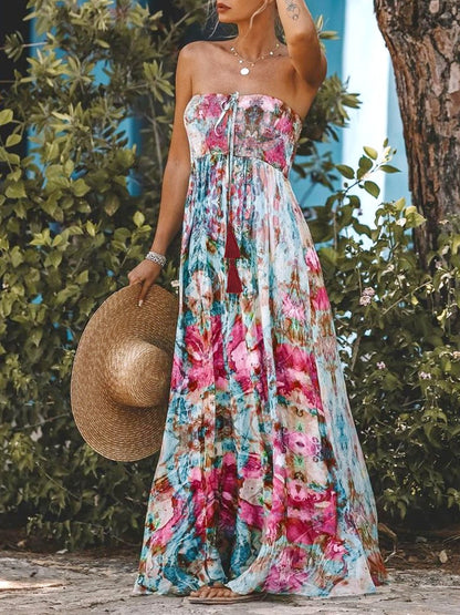 Enchanting Floral Smocked Sleeveless Maxi Dress - Kalizeh