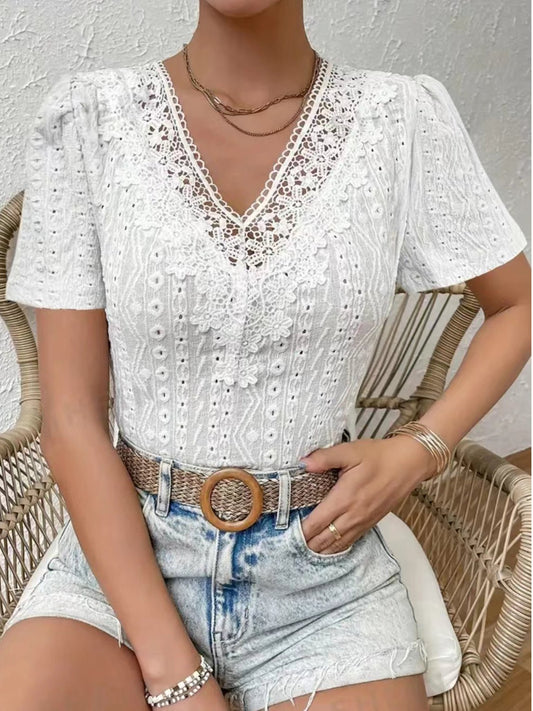 Eyelet Lace V-Neck Blouse - Kalizeh