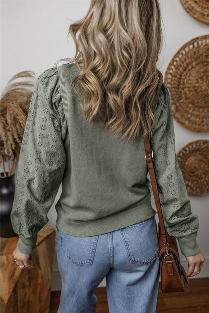 Eyelet Round Neck Long Sleeve Sweatshirt - Kalizeh